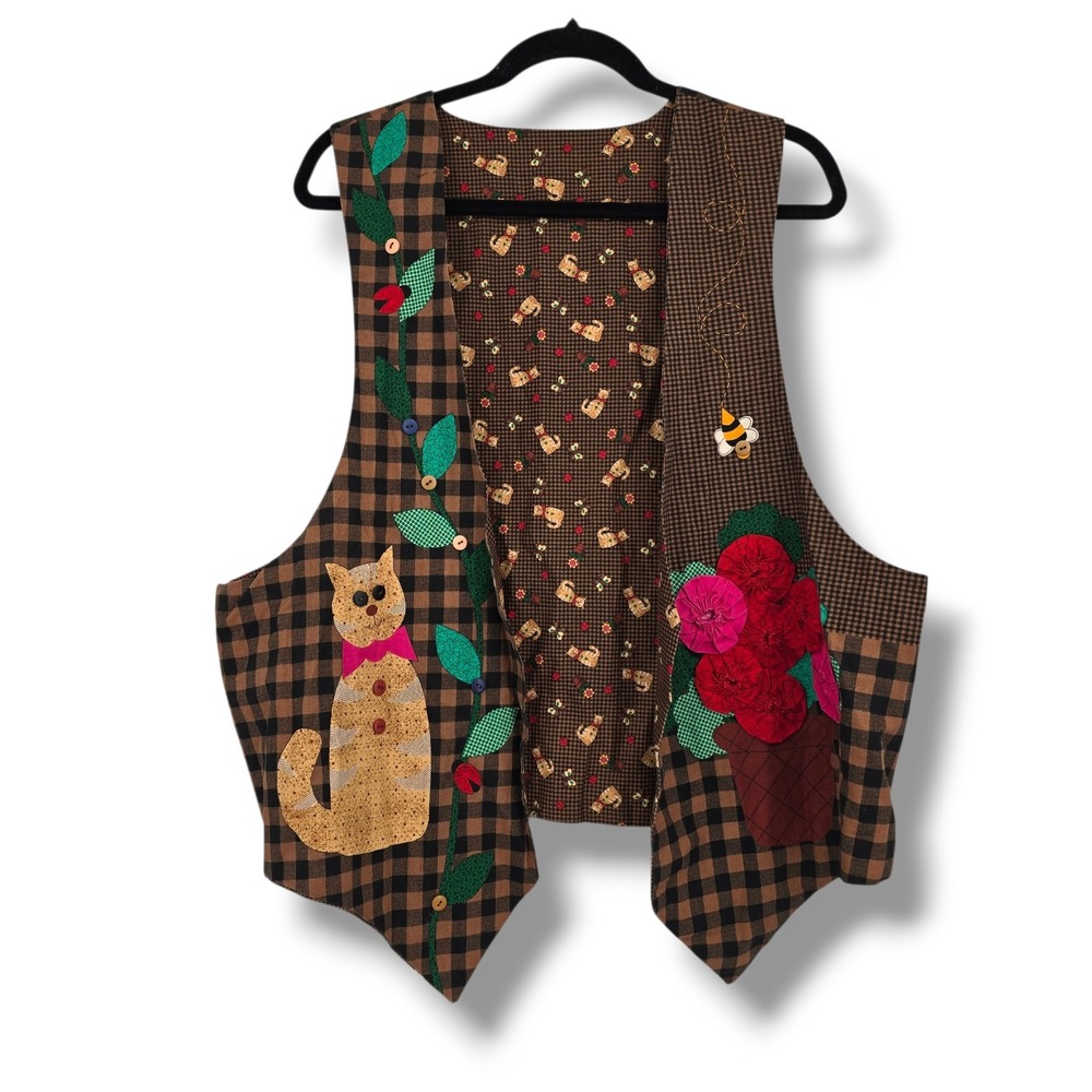 Vintage Handmade Cat Garden Applique Vest Brown Buffalo‎ Check Floral Yo-Yo L/XL